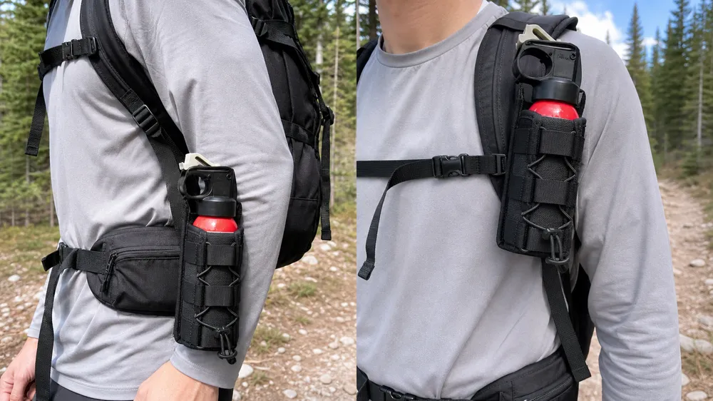 Bear spray holster for hiking — hip-belt and shoulder-strap compatible