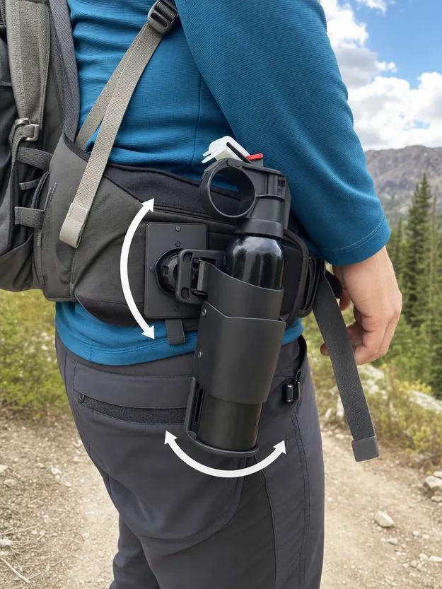 SOHAPI bear spray hiking holster mounted on backpack hip belt, showing rotational clip system