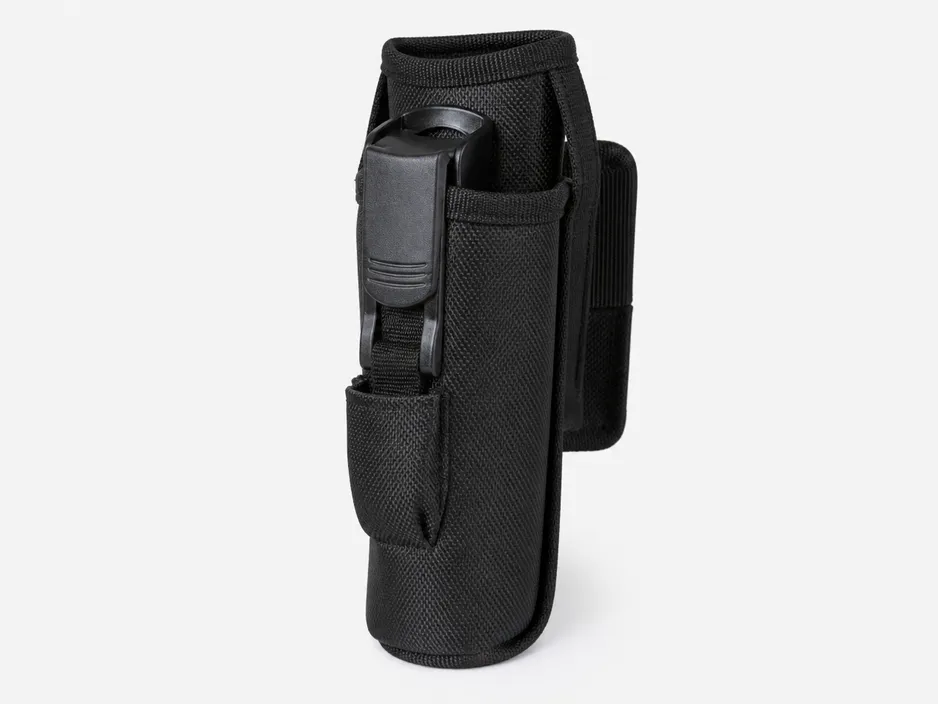 SOHAPI hiking bear spray holster showing 600D polyester body, UV-stabilized ABS hardware, and abrasion-reinforced clip contact zone