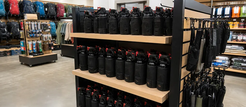 Backpacking and outdoor specialty retail store with bear spray and holster bundle display