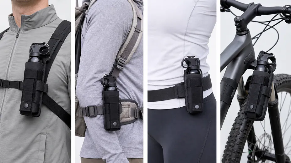 SOHAPI four-configuration bear spray holster lineup: chest, hiking, running, and mountain bike variants