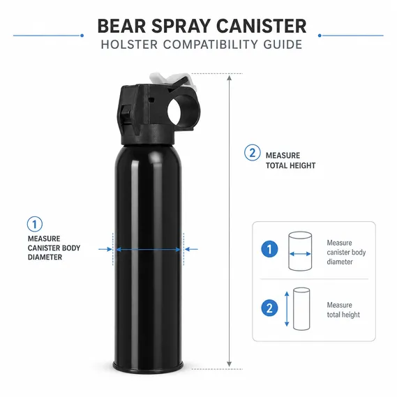 Diagram showing how to measure bear spray canister diameter and height for holster compatibility