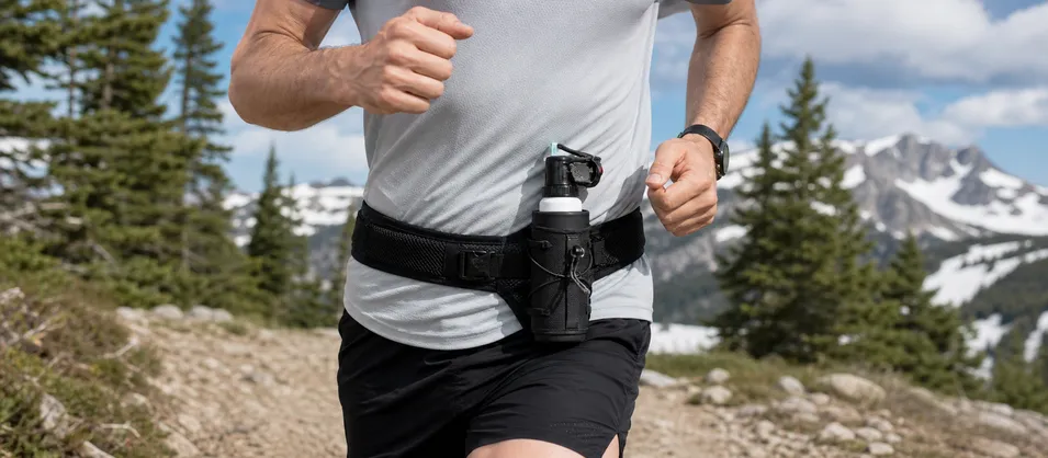 E-commerce product listing for trail runner bear spray running holster showing premium activity-specific positioning