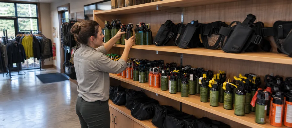National park visitor center concessionaire stocking bear spray and running holsters for trail runners in bear country
