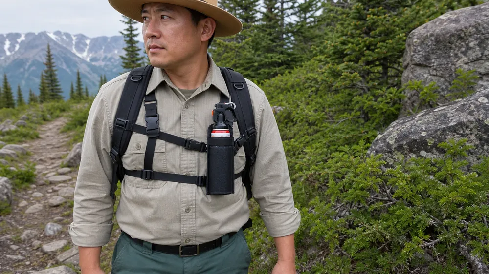 Bear spray chest holster worn by wilderness ranger — standard configuration for park service and outfitter buyers