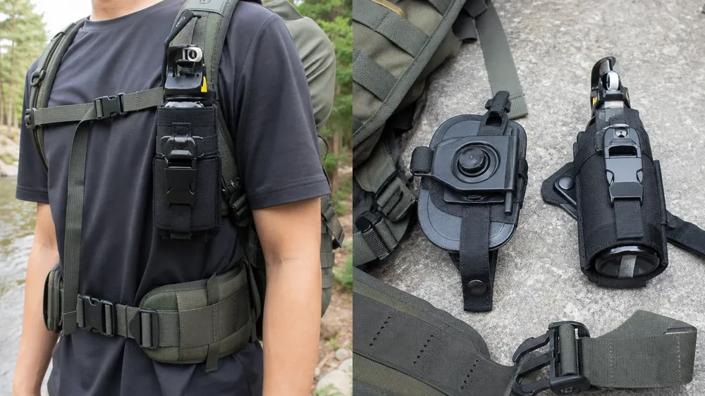 Bear spray hiking holster — hip-belt and shoulder-strap compatible, rotational clip system