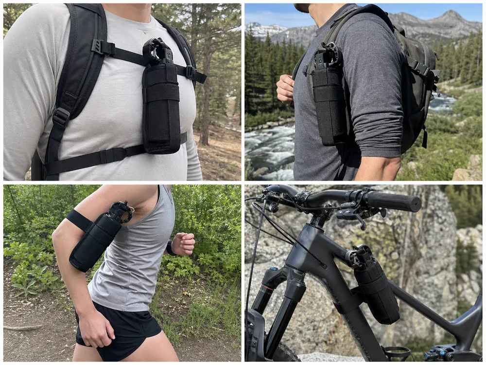 SOHAPI bear spray holster carry systems — chest, hiking, running, and mountain bike configurations