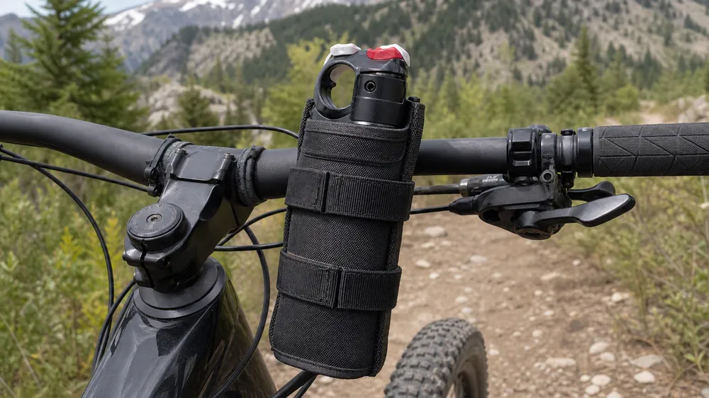 Bear spray mountain bike holster mounted to handlebar — vibration-resistant design for technical terrain