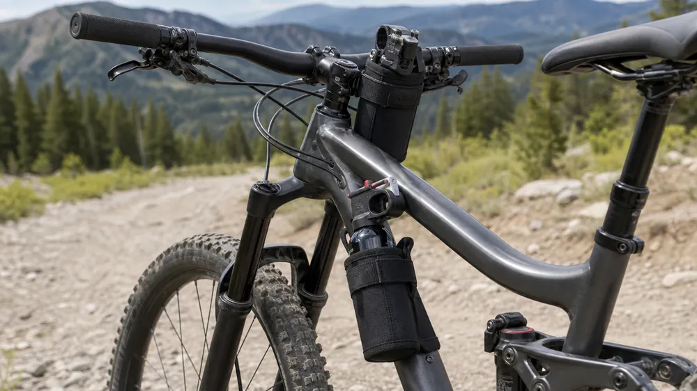 Bear spray mountain bike holster — frame and handlebar mount, vibration-resistant retention, quick-release lever