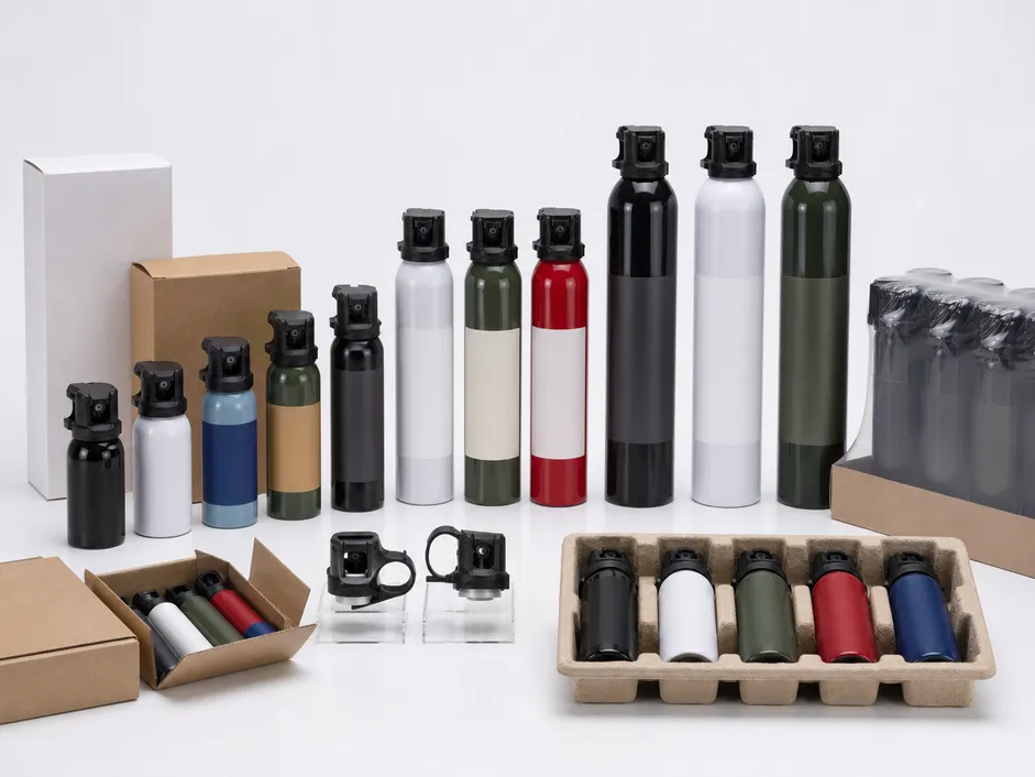 Custom and private label bear spray canister configurations showing color, label, and packaging options