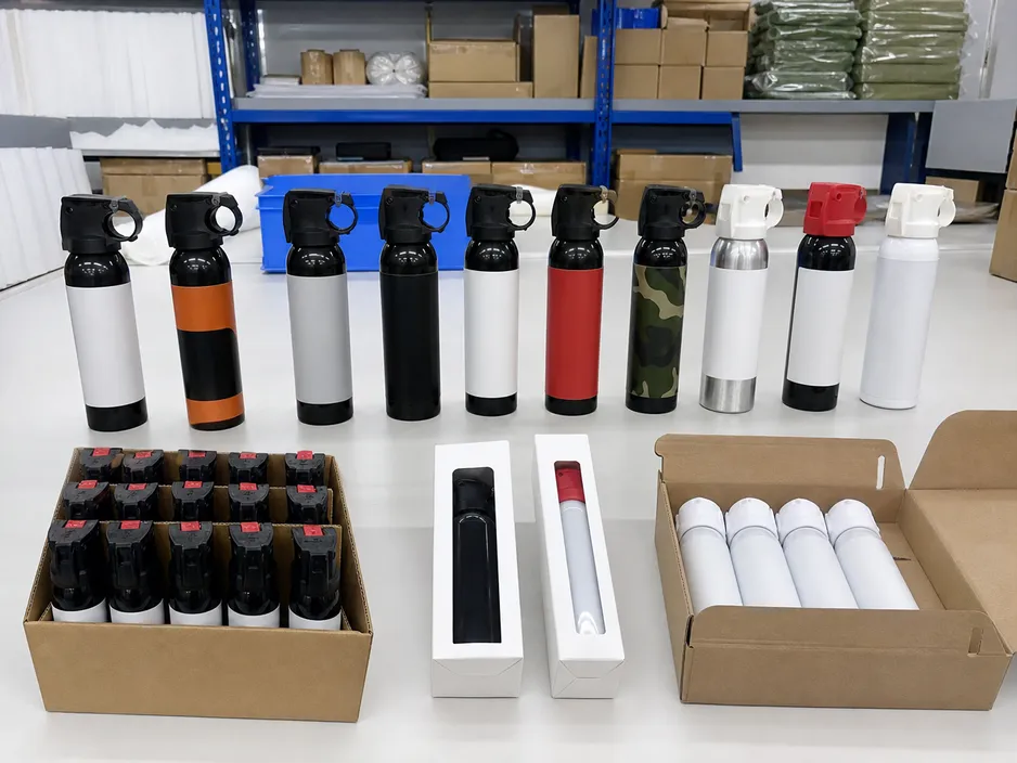 Bear spray canister customization options including label design, canister color, and packaging formats