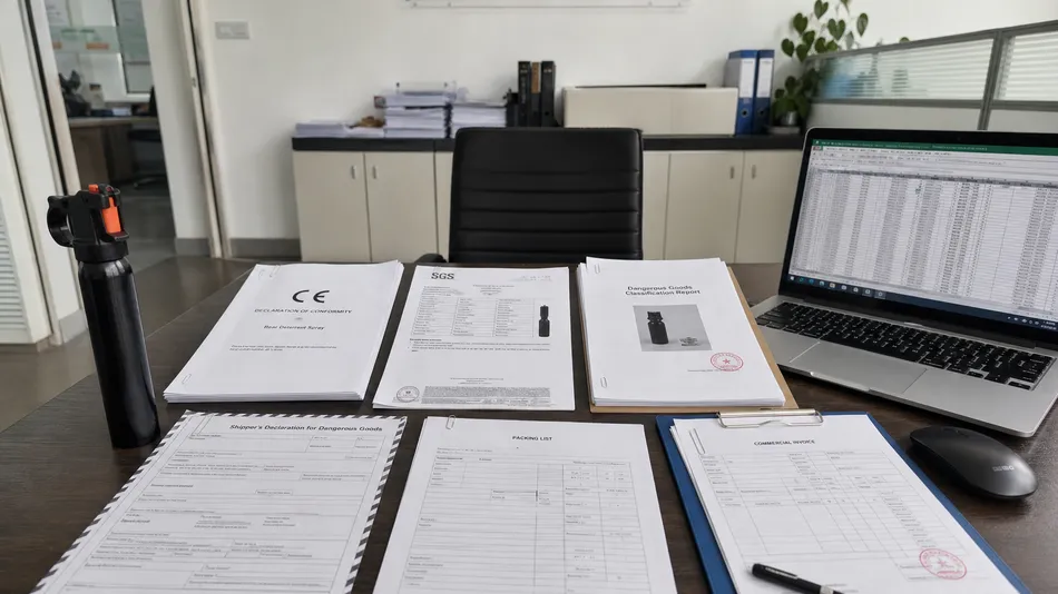 Export regulatory documentation for bear spray — CE declaration, SGS reports, dangerous goods classification