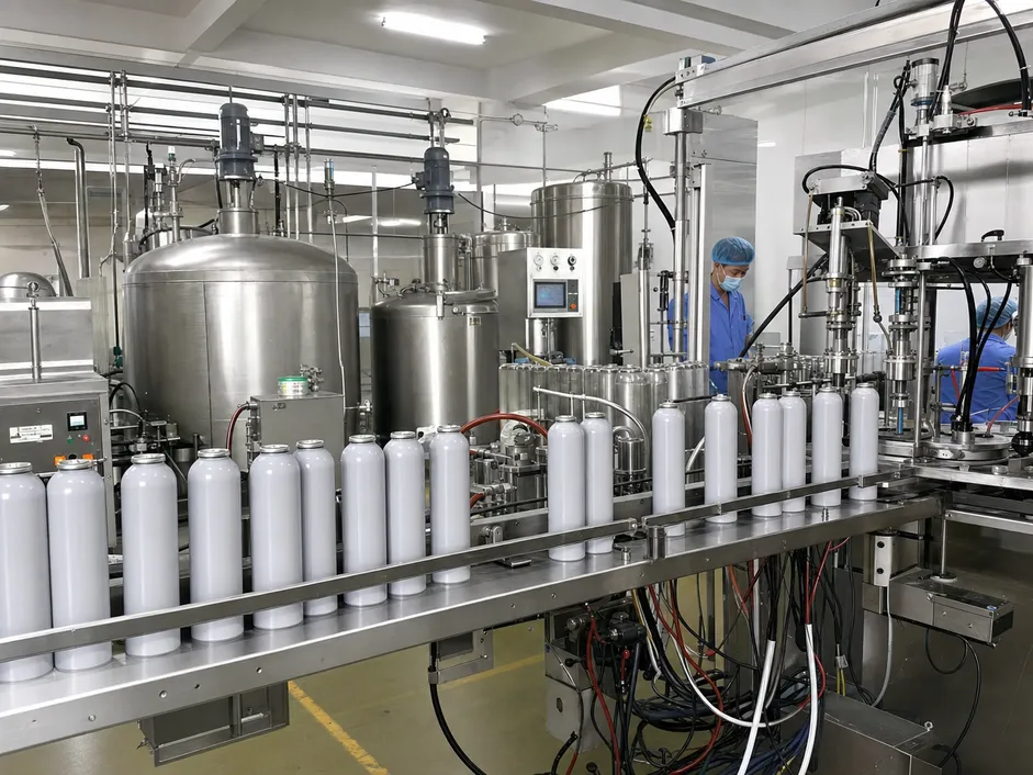 Foam bear spray formulation carrier chemistry and automated filling line process