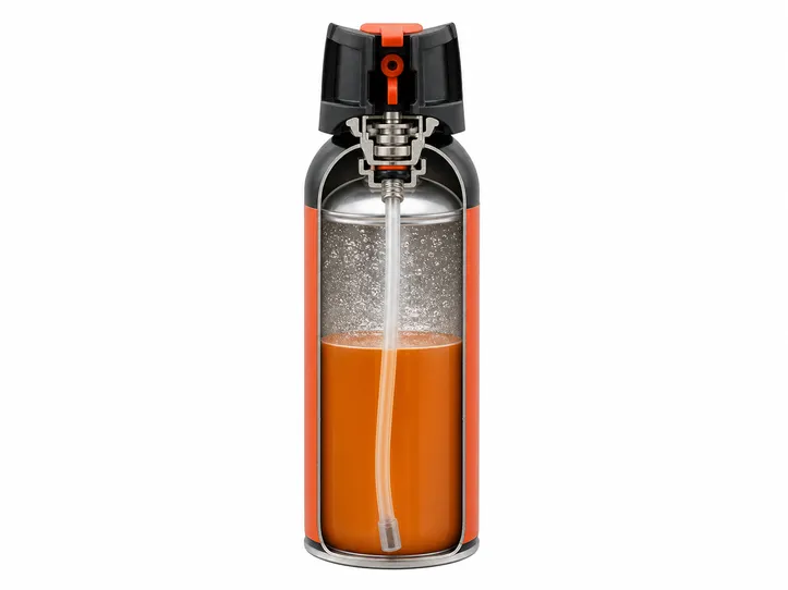 Bear spray foam canister cross-section showing foam-orifice actuator and propellant system calibrated for foam viscosity