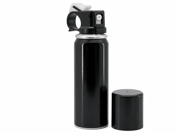Bear Spray Repellent canister detail — tinplate steel construction, cone valve actuator, standard retail format
