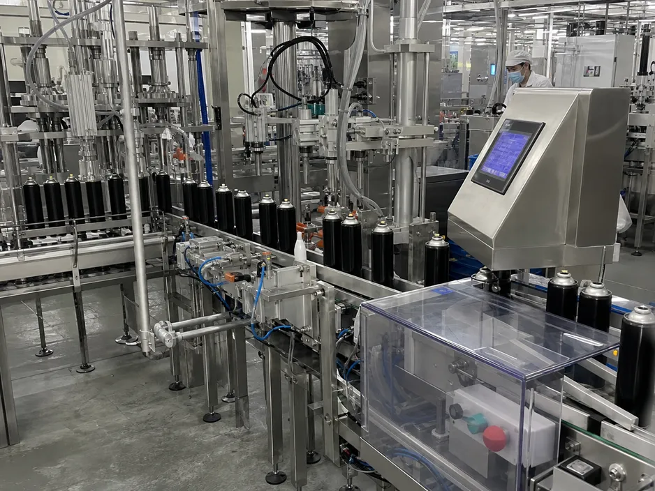 Automated gravimetric filling line for bear spray canisters — continuous weight control during production