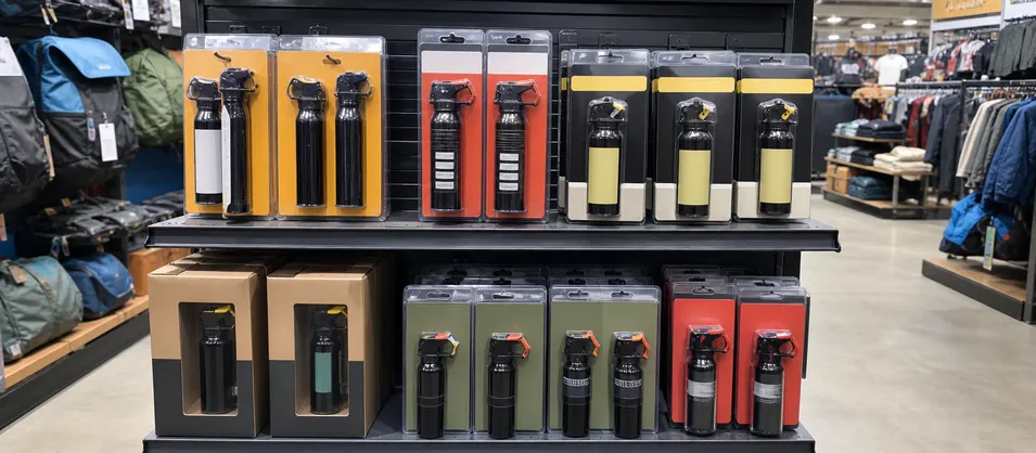 Outdoor retail and sporting goods store channel — bear spray repellent on shelf