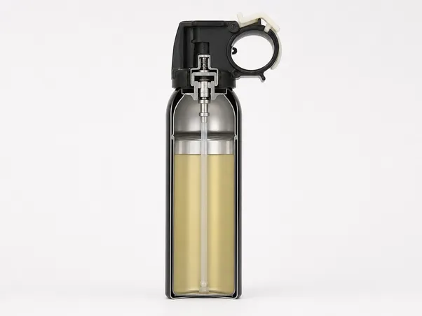 Bear spray canister cross-section showing valve, propellant, and epoxy-lined tinplate steel construction