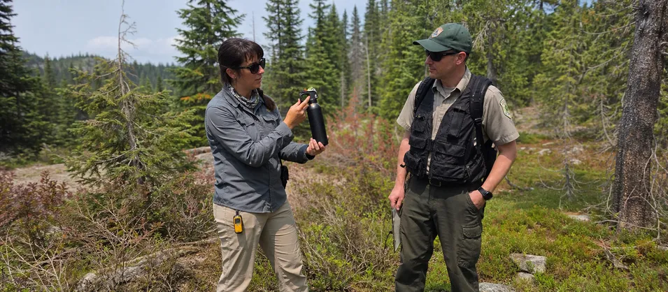 Park ranger and wildlife biologist in bear habitat using professional-grade bear spray