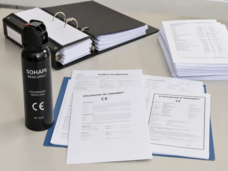 CE-marked SOHAPI bear spray canister with EU conformity documentation