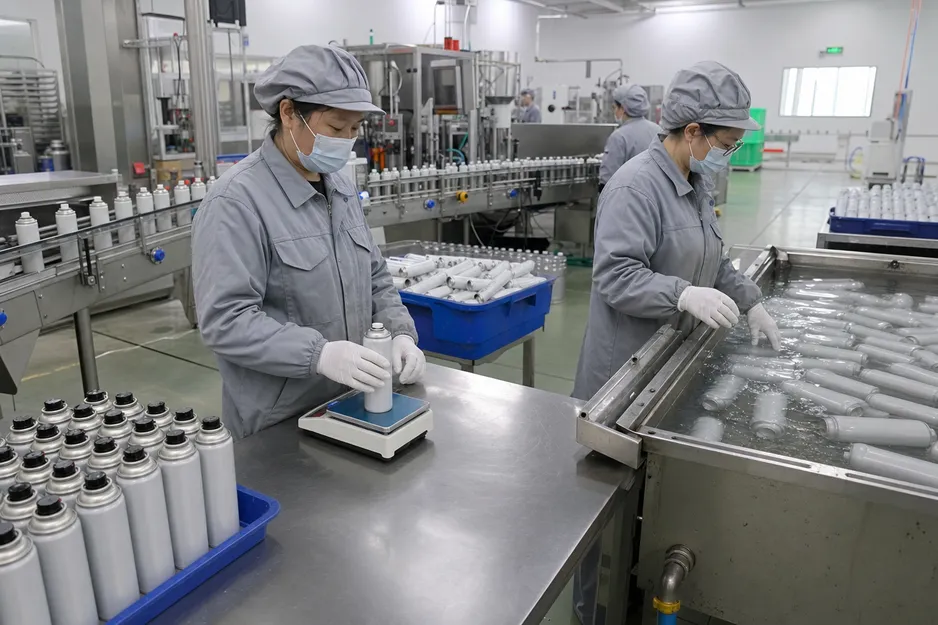 SOHAPI quality control inspection process — gravimetric fill check and water bath leak testing on bear spray production line