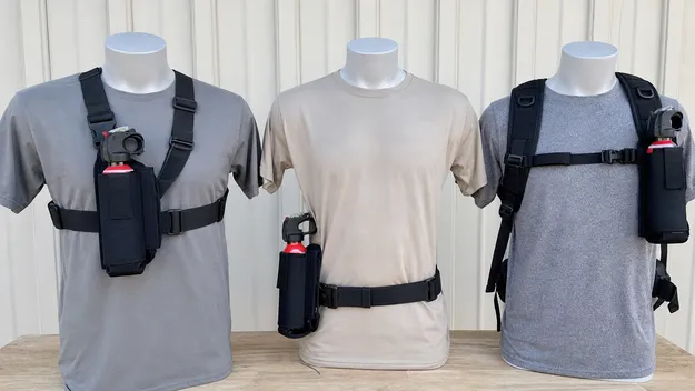 Bear spray holsters in chest, hip, and activity-specific carry configurations