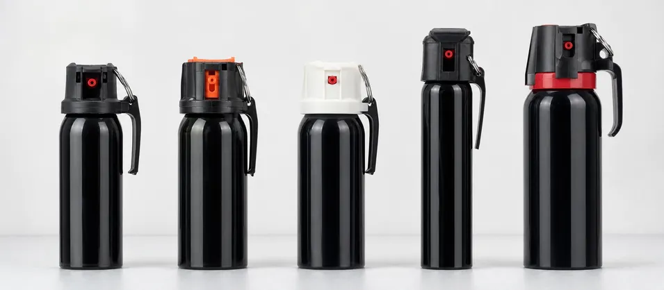 Bear spray canisters — standard, high-potency, foam, stream, and max-strength variants