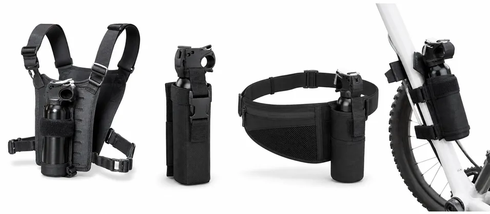 Bear spray holsters and carry systems — chest holsters, hiking carry, running holsters, mountain bike mounts