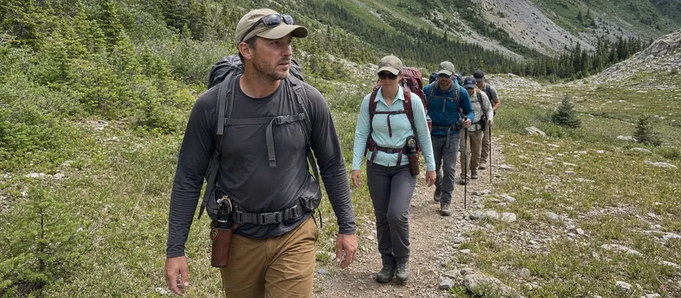 Wilderness guide leading expedition group in bear country with bear spray holsters