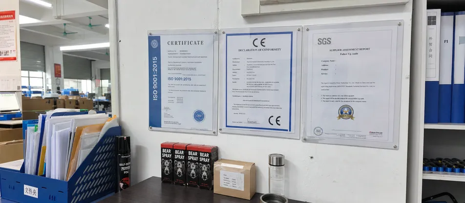 SOHAPI factory certification display showing ISO 9001:2015, CE, and SGS audit documents