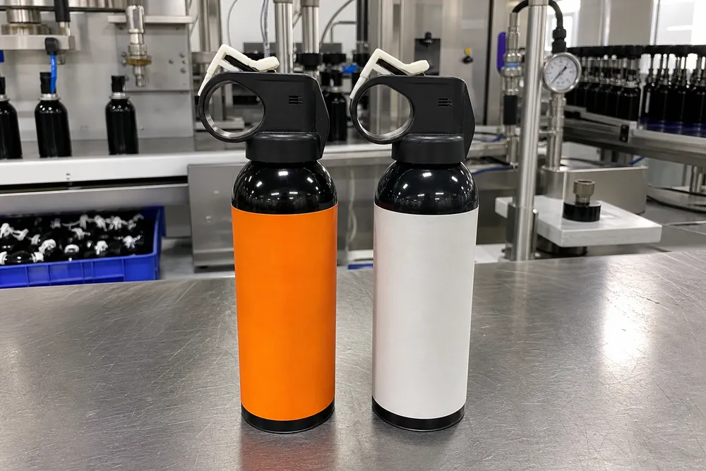 Training bear spray canister next to live product showing identical valve assembly and actuator mechanism