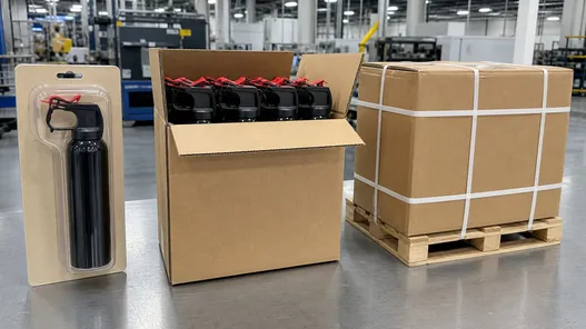 Training bear spray packaging options: retail blister pack, bulk institutional carton, and custom export carton
